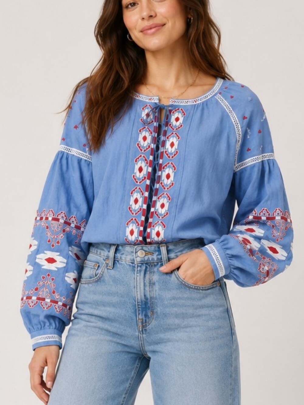 Anthropologie RD & Koko Embroidered Western Tie Front Blouse With Pockets Size M